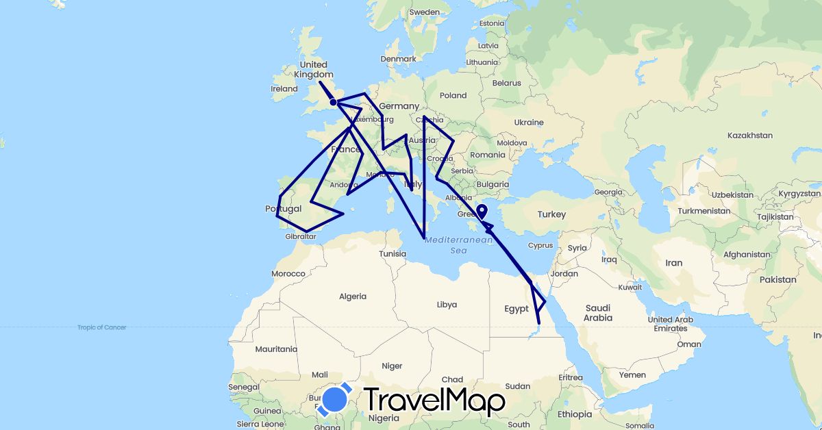 TravelMap itinerary: driving in Austria, Belgium, Switzerland, Czech Republic, Germany, Egypt, Spain, France, United Kingdom, Greece, Croatia, Hungary, Italy, Malta, Netherlands, Portugal (Africa, Europe)